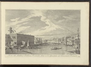 Se på Canal Grande te Venetië Hinc ad Aedibus Publicis Rivoalti, den andre fra SS. Apostles ad Grimana Dom (tittel på objekt) Den mest kjente utsikten over byen Venezia, fra de 38. panelene til Antonius-kanalen, trykt i messing av Antonio Visentini i deler av Antonio Visentini
