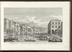 Utsikt over Canal Grande te Venetië Utsikt fra Rivoalti Substructures til Aedes Civranorum (tittel på objekt) Den mest kjente utsikten over byen Venezia, fra Antoniuskanalens 38 paneler, trykt på messing av Antonio Visentini, delt inn i tre deler. s