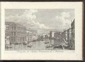 Utsikt over Canal Grande te Venetië Utsikt fra husene i Pisa til St. Jeremia (tittel på objekt) Den mest kjente utsikten over byen Venezia, fra Antoniuskanalens 38 paneler, trykt på messing av Antonio Visentini, delt inn i tre deler. den andre delen
