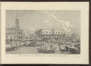 Se på Canal Grande te Venetië med Bucintoro van de doge Bucentaurus og Nundinae Venetae på himmelfartsdagen (tittel på objekt) Den mest kjente utsikten over byen Venezia, fra Antoniuskanalens 38 paneler, trykt på lufta av Antonio Visentini av Antonio Visentini