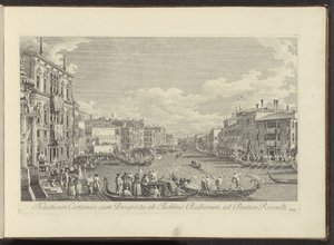 Se på Canal Grande te Venetië hvor de Regata plassvindt Nautisk konkurranse med utsikt fra husene i Balbore til Rivoalti-broen (tittel på objekt) Mer kjent utsikt over byen Venezia, fra Antonius Canal 38 paneler trykt på luft av Antonio av Antonio Visentini