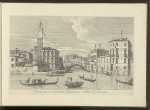 Se på Cannaregio i Palazzo Labia te Venetië Inngang til Royal Canal fra huset til St. Jeremiah (tittel på objekt) Den mest kjente utsikten over byen Venezia, fra Antonius-kanalens 38 paneler trykt på luft av Antonio Visentini, delt inn i tre deler av Antonio Visentini
