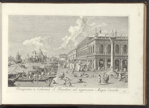 Hoek van het San Marcoplein med de Biblioteca Marciana Utsikt fra St. Theodore-søylen til inngangen til Canal Grande (tittel på objekt) Den mest kjente utsikten over byen Venezia, fra Antoniuskanalens 38 paneler i messing, trykt av Antonio Visentini i dele av Antonio Visentini