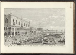 Hoek van het San Marcoplein met het Dogepaleis en de zuil met de Leeuw van Venetië Prospectus a Columna S. Marci ad Ripam Dalmatarum vulgò de