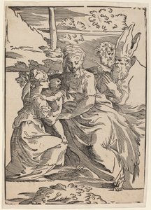 Den hellige familie med to hellige. av Antonio da Trento