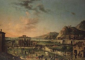 Et capriccio-panorama av reisen til Charles III, kongen av de to Siciliene, fra villaen hans i Portici til Palazzo Farnese i Roma av Antonio de dipi (attr. to) Joli