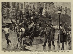 Den militære verneplikten i Paris, vernepliktige som returnerer fra loddtrekningen ved Palais de L