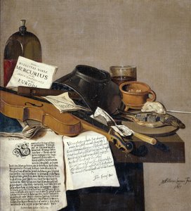 Stilleben med brosjyrer en fiolin, fløyte, mat og brosjyrer av Antonius Leemans