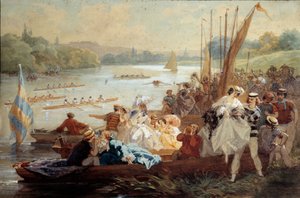 Regates en Argenteuil Parisiens-piknik på søndag ved bredden av Seinen, hvor roløp finner sted. Akvarell av Antony Morlon (1834-1914)