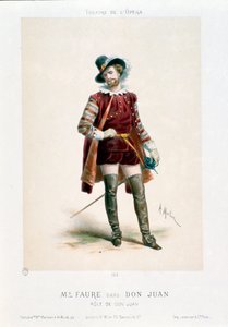 Sanger Jean-Baptiste (Jean Baptiste) Faure (1830-1914) fremfører Don Giovanni (Don Juan) i operaen med samme navn av Wolfgang Amadeus Mozart (1756-1791) under en forestilling på Operateatret i Paris. Litografi av Antony Morlon (1834-1914) Colle