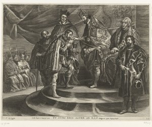 Troonsafsand van Karel V; intocht van Ferdinand te Gent i 1635 (blad 25) Charles fratok seg kongeriket og imperiet / Du vil nå bli nummer to etter ham / Filip II tar kongeriket fra sin far (tittel på objekt) av Antony van der Does