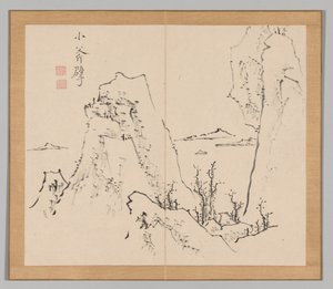 Dobbeltalbum med landskapsstudier etter Ikeno Taiga, bind 1 blad 8, 1700-tallet. av Aoki Shukuya
