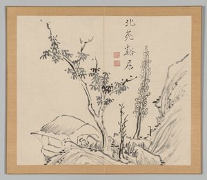 Dobbeltalbum med landskapsstudier etter Ikeno Taiga, bind 2 blad 13, 1700-tallet. av Aoki Shukuya