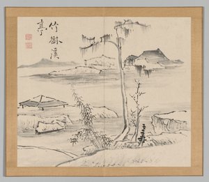 Dobbeltalbum med landskapsstudier etter Ikeno Taiga, bind 2 blad 24, 1700-tallet. av Aoki Shukuya