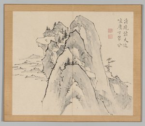 Dobbeltalbum med landskapsstudier etter Ikeno Taiga, bind 2 blad 33, 1700-tallet. av Aoki Shukuya