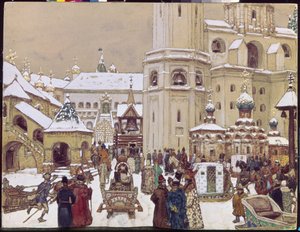 Plasser Ivan den store i Kreml på 1600-tallet. (Katedralplassen, Moskva). Verk av Appolinari Mikhaylovich Vasnetsov (1856-1933), blyant og akvarell på papir av Apollinari Mikhailovich Vasnetsov