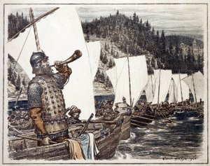 Yermak Timofeyevich (cirka 1540-1585) ved Irtysh-elven. (Yermak Timopheyevich på Irtysh). Episode av utforskningen og erobringen av Sibir, i 1583. Verk av Appolinari Mikhaylovich Vasnetsov (1856-1933), litografi 1916. Russisk kunst, 20.
