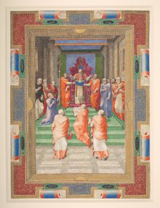 En pavelig seremoni, Paul IV står foran den pavelige trone, Add. MS 35254 Q, ca. 1555-59 (vellum) av Apollonio di Bonfratelli