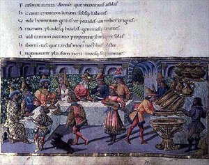 Ms 492 f.75 Bankettscene, fra Aeneiden (vellum) av Apollonio di Giovanni di Tommaso
