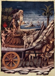 Tidens triumf, tidens vogn blir trukket av hjort, miniatyr av Apollonio di Giovanni (1415 eller 1417-ca 1465) fra Triumphs, allegorisk dikt av Francesco Petrarca (1304-1374), manuskript 1129, folio 42, verso, Italia