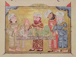 Legene besøker pasienten hans, scene fra The Maqamat av Al-Hariri (gouache på vellum)