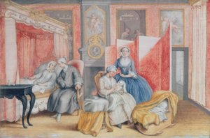 Joseph II (1741-90) ved sengen til sin kone Isabella av Parma etter fødselen av deres datter Maria Theresa (1762-1770), 1762 (gouache) av Archduchess of Austria Maria Christine