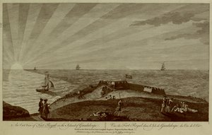 En gruppe soldater hviler på toppen av en ås i forgrunnen, med Fort Royal bortenfor, seilskuter og solen som går ned i havet i bakgrunnen av Archibald (after) Campbell