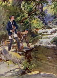 Å fange en ørret (farge litho) av Archibald Bertram (after) Webb