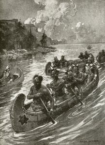 Samuel De Champlain i 1608 bestig St Lawrence-elven i kanoene til vennlige innfødte amerikanske indianere (litho) av Archibald Bertram (after) Webb