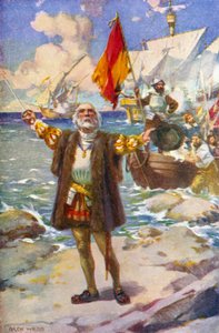 The Landing of Columbus (farge litho) av Archibald Bertram (after) Webb