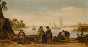 Elvelandskap med kvinner som leser palmer