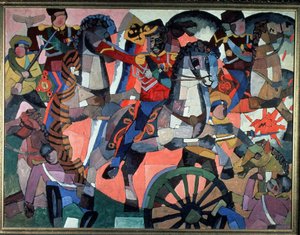 Seierskamp. Kampscene, uttrykksfulle og fargerike, væpnede soldater, ladede ryttere, kanonhjul og eksplosjoner og falne soldater. Maleri av Aristarkh Vasilyevich Lentulov (1882-1943), olje på lerret, 191 av Aristarkh Vasilievic Lentulov