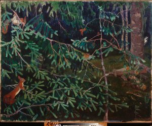 Innbyggerne i skogen. (Ekorn i grenene og en fugl som hakker i en stamme). Maleri av Arkadi (Arkady) Alexandrovich Rylov (1870-1939), olje på lerret av Arkadij Aleksandrovic Rylov