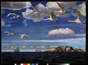 Blå frihet. Migrasjon av villgjess som flyr over havet. Maleri av Arkadi (Arkady) Alexandrovich Rylov (1870-1939), olje på lerret