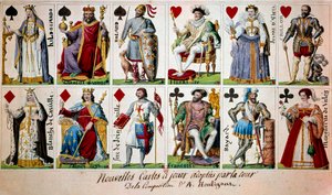 Franske historiske skikkelser fra Karl den Store til Henri IV. Fra venstre til høyre og fra topp til bunn: Hildegarde av Vintzgau (757-783), kone til Karl den Store; Karl den Store (Karl I kjent som Karl den store 742-814); Ridder Roland (eller Hroudland),