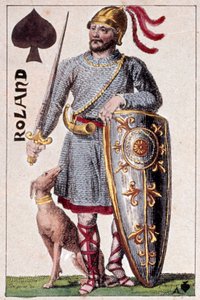 Representasjon av ridderen Roland (eller Hroudland), Marquis of the Marches of Brittany. Detalj av et spillekort laget av Gustave Houbigant (1789-1862) 1800-tallets Paris B.N.