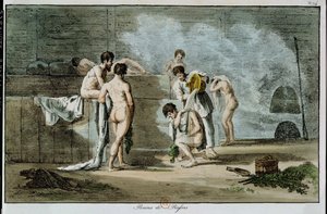 Russiske menn i en badstue, fra Mores et Coutumes Russes, 1821 (farget litho)