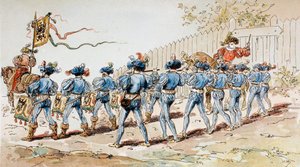 Et marsjerende band fra 1500-tallet med trommer og fifes av Armand Jean Heins