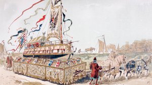 En kongelig lekter som ble trukket på en vogn av hester til en kanal på 1500-tallet av Armand Jean Heins