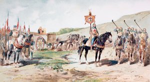 Korsfarere på marsj på 1000-tallet med en hestetrukket forsyningsvogn, 1886
