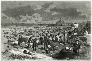 Oostende strand. Gravering av A.Heins, for å illustrere historien ""La Belgique"", av Camille Lemonnier (1844-1913), forfatter og kunstkritiker. Publisert i Tour du monde new journal des voyages av Armand Jean Heins
