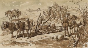Oksetrukket slede og pakkhester i primitiv tid av Armand Jean Heins
