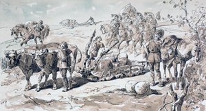 Okser tegner en primitiv slede lastet med steiner, 1886 av Armand Jean Heins