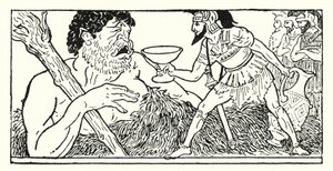 Odyssevs tilbyr en kopp vin til giganten Polyphemus (litho)