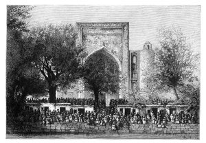 En forsamling foran moskeen i Bukhara, Usbekistan, 1895. av Armand Kohl