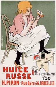 Livsstil. Fashion. Russisk olje, reparasjon av sko. Plakat av Armand Rassenfosse, Belgia, ca. 1895 (plakat) av Armand Rassenfosse