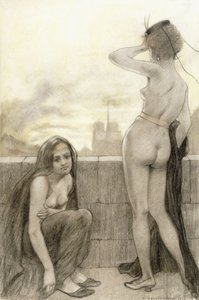 To delvis kledde kvinner ved en mur i en by