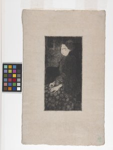 Sittende kvinne med fjærkledd lue (etsing, tørrpunkt og stipling) av Armand Séguin