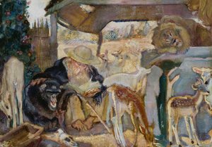 St Anthony blant dyr, av Armando Spadini (1883-1925), olje på bord, 66x96 cm