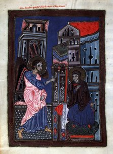 Kunngjøringen. Erkeengel Gabriel besøker jomfru Maria. Belysning av mesteren av Codex Matenadaran (1200-tallet), miniatyr, akvarell på pergament